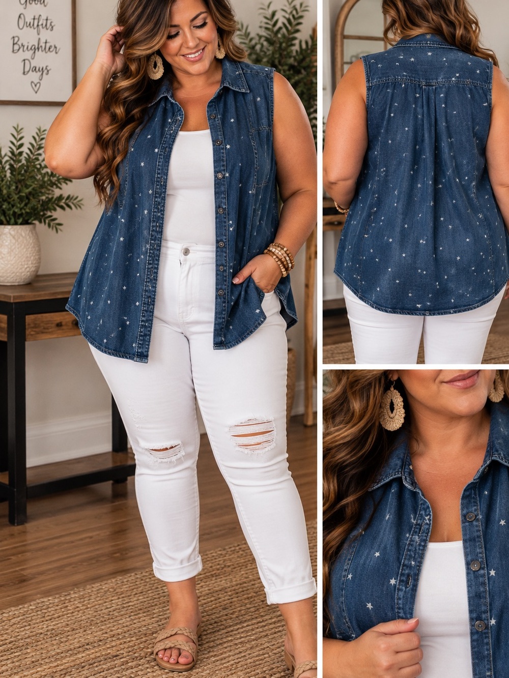 Universal Thread Dark Blue Denim Sleeveless Button-Down Top with Star Print
